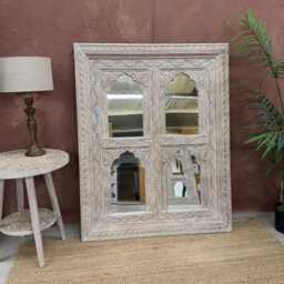 Four Panel Mango Wood Mirror - Creamwashed Arch Carved Design - thumbnail 2