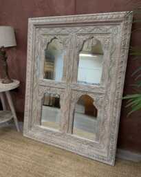 Four Panel Mango Wood Mirror - Creamwashed Arch Carved Design - thumbnail 1