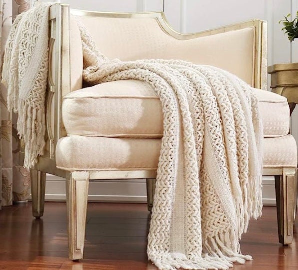 Knitted Beige Throw Woven Couch Soft Cosy Bed Armchair Blanket Comfy Hand Gifts Christmas Giftgifts For Her/Him - image 1