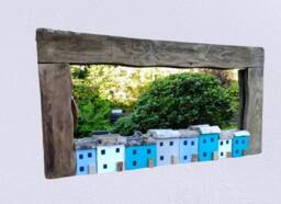 Natural Framed Mirror With Sea, Sky & Cotton Blues, Meadow Green & Cloud Grey Hand Painted Houses