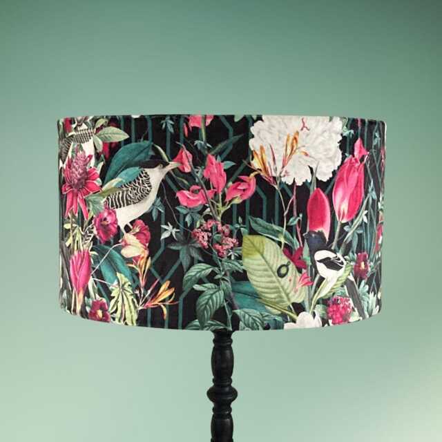 Green & Pink Tropical Birds Velvet Drum Lampshade - image 1