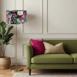 Green & Pink Tropical Birds Velvet Drum Lampshade - thumbnail 2