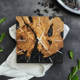 Custom Square Olive Wood & Resin Wall Clock Live Edge Rustic Decor - thumbnail 1