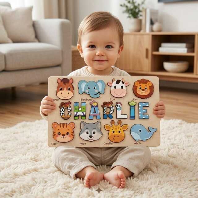 Personalized Animal Name Puzzle, Custom Wooden Baby Toy Story Inspired Letter Design, Baby Shower Gift, Montessori Learning - image 1