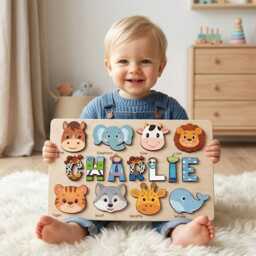 Personalized Animal Name Puzzle, Custom Wooden Baby Toy Story Inspired Letter Design, Baby Shower Gift, Montessori Learning - thumbnail 2