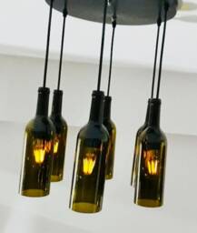 Wine Bottle Industrial Light Fixture - Chandelier Made From 6 Bottles For Home & Bar Lighting - thumbnail 2