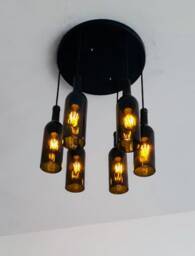 Wine Bottle Industrial Light Fixture - Chandelier Made From 6 Bottles For Home & Bar Lighting