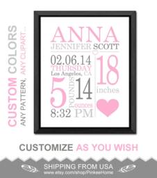Custom Baby Birth Stats Print Pink & Gray Nursery Decor - thumbnail 1