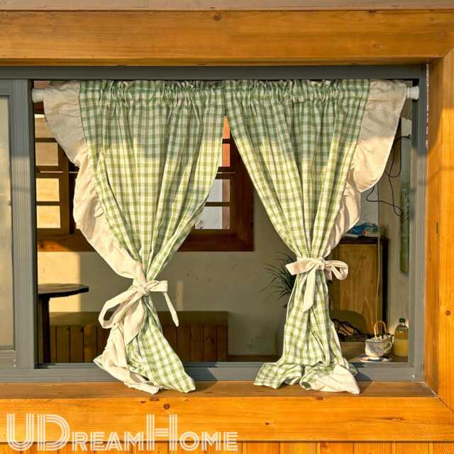 2 Panels Green Gingham Cafe Curtains Valances With Ruffles, Farmhouse Country Kitchen Curtains, Linen Half Custom Sizes - image 1