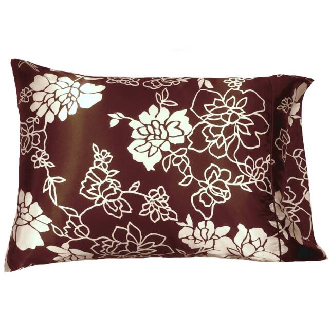 "Floral Satin Throw Pillow Cover, Brown & White, Handmade Usa - 12""x16"