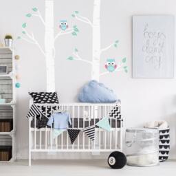 Nursery Birch Trees With Owls, Woodland Tree Forest Wall Decals, Childrens Room