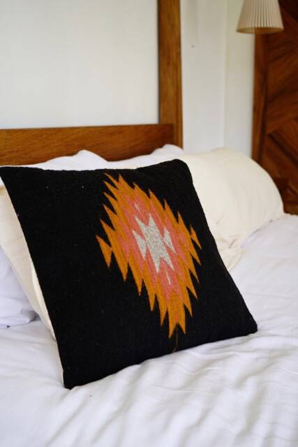Zapotec Woven Wool Pillow, Handmade Mexican Pillow, Decorative Throw Handwoven Wool Cushion, Boho Throw Black + Ochre Rose - image 1