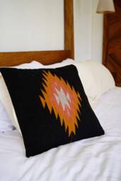 Zapotec Woven Wool Pillow, Handmade Mexican Pillow, Decorative Throw Handwoven Wool Cushion, Boho Throw Black + Ochre Rose