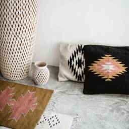 Zapotec Woven Wool Pillow, Handmade Mexican Pillow, Decorative Throw Handwoven Wool Cushion, Boho Throw Black + Ochre Rose - thumbnail 4