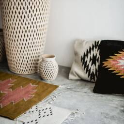 Zapotec Woven Wool Pillow, Handmade Mexican Pillow, Decorative Throw Handwoven Wool Cushion, Boho Throw Black + Ochre Rose - thumbnail 2