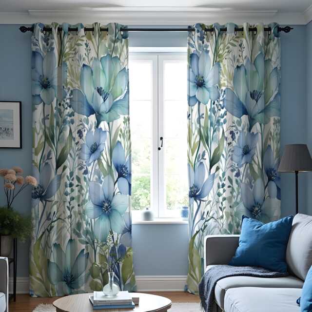 Watercolor Blue Flower Curtains, Botanical Print Drapes, Custom Made Window Panels For Modern Calm Living Room - image 1
