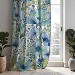 Watercolor Blue Flower Curtains, Botanical Print Drapes, Custom Made Window Panels For Modern Calm Living Room - thumbnail 2
