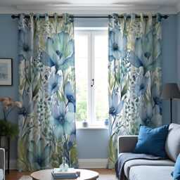 Watercolor Blue Flower Curtains, Botanical Print Drapes, Custom Made Window Panels For Modern Calm Living Room - thumbnail 1