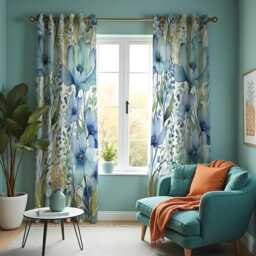 Watercolor Blue Flower Curtains, Botanical Print Drapes, Custom Made Window Panels For Modern Calm Living Room - thumbnail 4