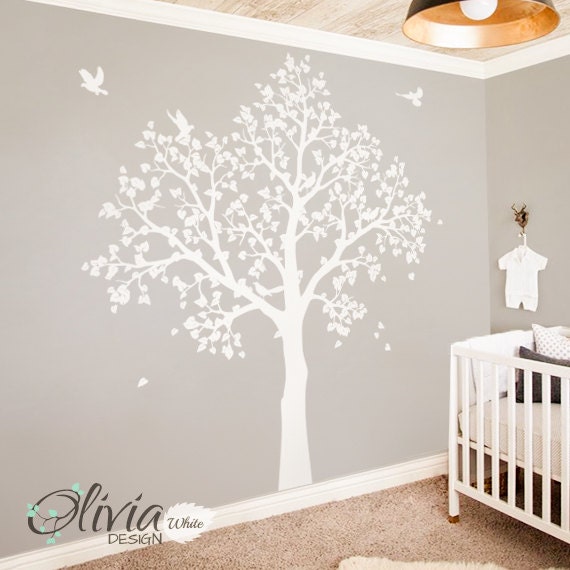White Tree Wall Mural. Large Baby Nursery Decal. With Birds -Nt043 - image 1