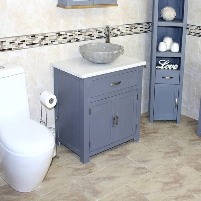 Bathroom Vanity Grey Painted Wash Stand White Quartz Marble Stone Basin 502Gwqsbc - image 1