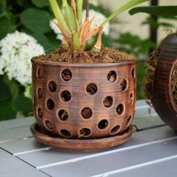 Unglazed Brown Ceramic Orchid Planter - 40, 6 Fl. Oz. - 1200 Ml Pot With Ventilation Holes - thumbnail 4