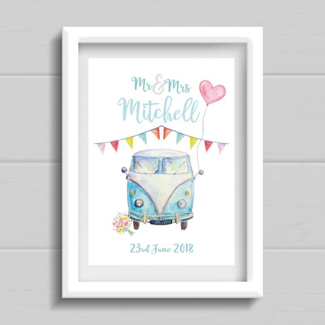 Personalised Campervan Wedding Gift. Print With Bunting. Anniversary Present For Campervan Lovers. Unusual Wedding Gift - image 1