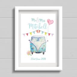 Personalised Campervan Wedding Gift. Print With Bunting. Anniversary Present For Campervan Lovers. Unusual Wedding Gift - thumbnail 1