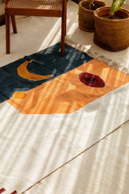 Hand Block Printed Cotton Rug, 4x6 Abstract Boho Moon Dhurrie - image 1