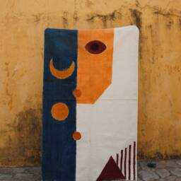 Hand Block Printed Cotton Rug, 4x6 Abstract Boho Moon Dhurrie - thumbnail 2