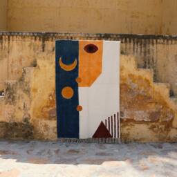 Hand Block Printed Cotton Rug, 4x6 Abstract Boho Moon Dhurrie - thumbnail 4