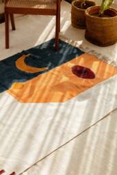 Hand Block Printed Cotton Rug, 4x6 Abstract Boho Moon Dhurrie - thumbnail 1