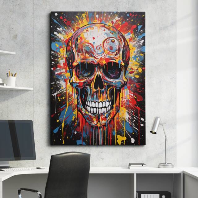 Colorful Skull Abstract Oil Painting Splatter Style Wall Art, Framed Canvas Poster Print, Home Kitchen Office Room Decor, Gifts - image 1