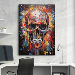 Colorful Skull Abstract Oil Painting Splatter Style Wall Art, Framed Canvas Poster Print, Home Kitchen Office Room Decor, Gifts - thumbnail 1
