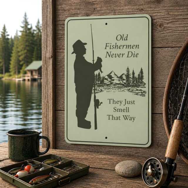 Old Fishermen Never Die Metal Sign, Funny Fishing Fisherman Gift, Grandpa Wall Art - image 1