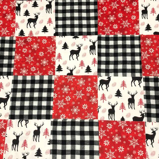 30 Woodland Deer Rustic Baby Flannel Quilt Kit, Buffalo Plaid Patchwork Blanket, Top Back Binding, Snowflakes, Crib Quilt, White Red Black - image 1