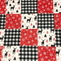 30 Woodland Deer Rustic Baby Flannel Quilt Kit, Buffalo Plaid Patchwork Blanket, Top Back Binding, Snowflakes, Crib Quilt, White Red Black