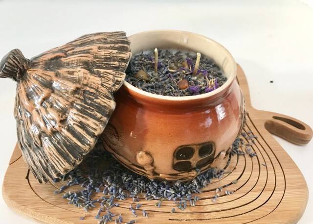 Lavender Scented Soy Candle in Round Ceramic Cottage With Dried Herbs & Gemstones - image 1