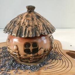 Lavender Scented Soy Candle in Round Ceramic Cottage With Dried Herbs & Gemstones - thumbnail 4