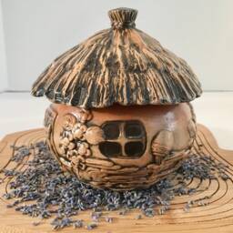 Lavender Scented Soy Candle in Round Ceramic Cottage With Dried Herbs & Gemstones - thumbnail 2