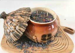 Lavender Scented Soy Candle in Round Ceramic Cottage With Dried Herbs & Gemstones