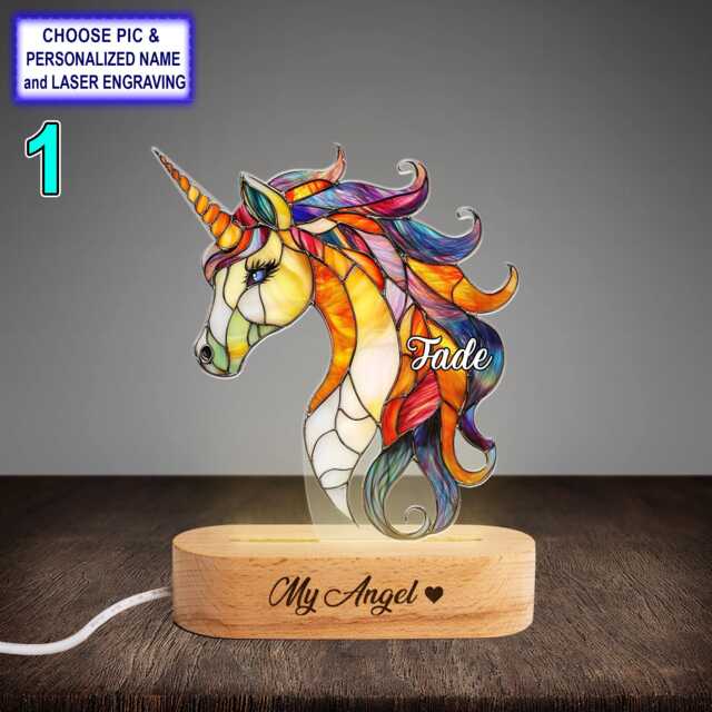 Personalized Colorful Unicorn Acrylic Night Light With Name Engraving, Beech Wood Led Lamp, Custom Laser Engraved Gift - image 1