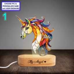 Personalized Colorful Unicorn Acrylic Night Light With Name Engraving, Beech Wood Led Lamp, Custom Laser Engraved Gift