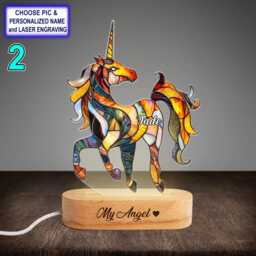 Personalized Colorful Unicorn Acrylic Night Light With Name Engraving, Beech Wood Led Lamp, Custom Laser Engraved Gift - thumbnail 2