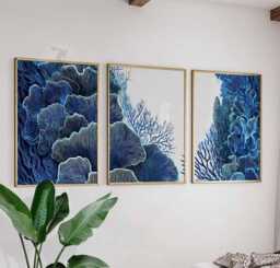 Set Of 3 Coral Reef Wall Art Prints, Blue Ocean Posters, Coastal Nautical Sea Life Home Decor - thumbnail 1