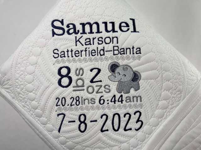 Personalized Elephant Birth Stats Baby Quilt, Custom Name Heirloom Blanket, Newborn Keepsake Gift With Details - image 1