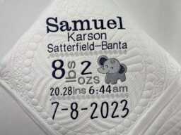 Personalized Elephant Birth Stats Baby Quilt, Custom Name Heirloom Blanket, Newborn Keepsake Gift With Details - thumbnail 1