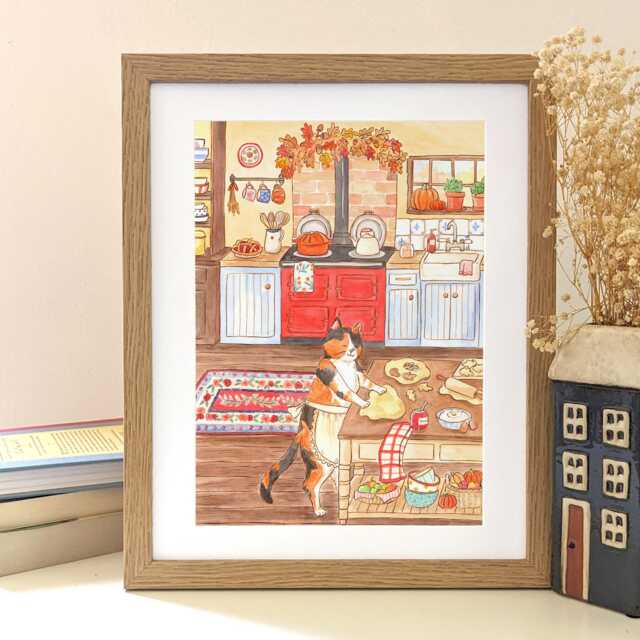 Autumn Cat Baking Watercolor Print Whimsical Kitchen Art - image 1
