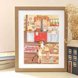Autumn Cat Baking Watercolor Print Whimsical Kitchen Art - thumbnail 1