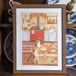 Autumn Cat Baking Watercolor Print Whimsical Kitchen Art - thumbnail 2